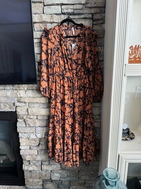 Mango Rust and Black Floral Long Sleeve Maxi Dress